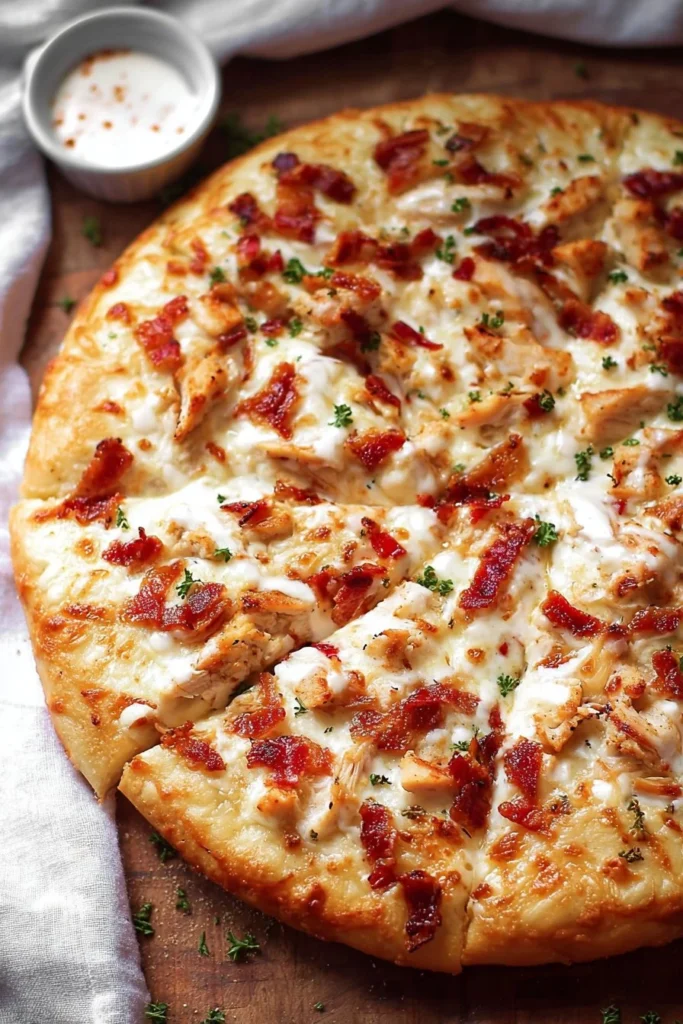 Chicken Bacon Ranch Pizza with chicken, bacon, and ranch dressing toppings