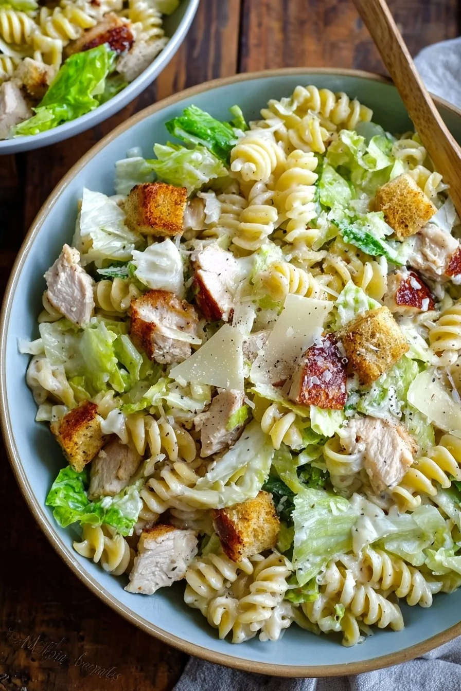 Bowl of Chicken Caesar Pasta Salad with lettuce, chicken, and Caesar dressing