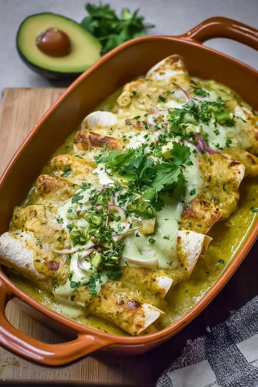 Delicious chicken enchiladas served with creamy avocado sauce on top