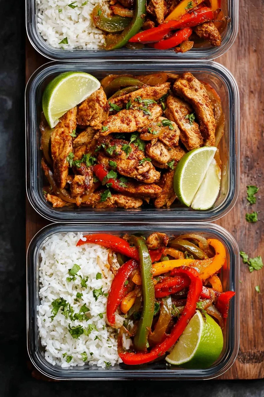 Healthy chicken fajitas meal prep bowls with colorful vegetables and spices.