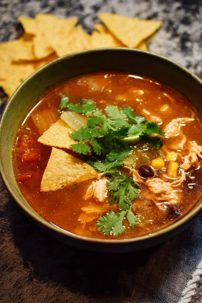 Bowl of delicious Chicken Tortilla Soup with fresh toppings
