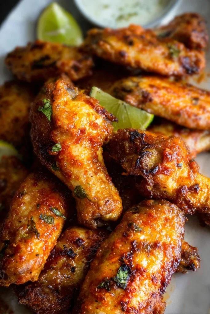 Delicious chili lime chicken wings garnished with fresh herbs and lime wedges