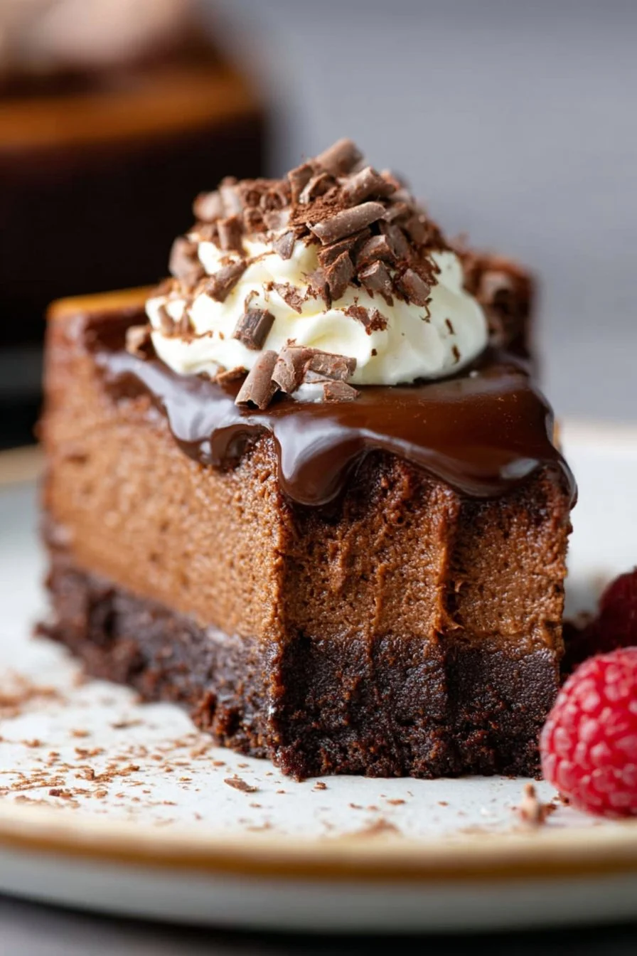 Rich and creamy chocolate brownie cheesecake slice topped with chocolate ganache.