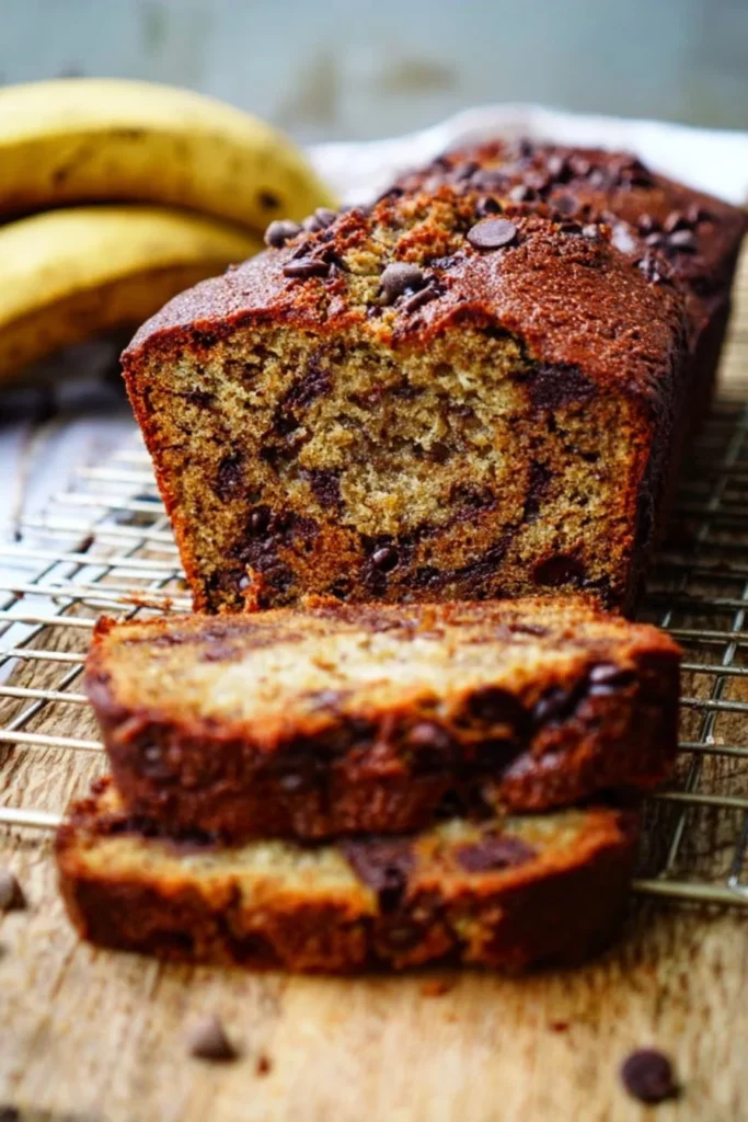 Loaf of chocolate chip banana bread sliced on a wooden cutting board.