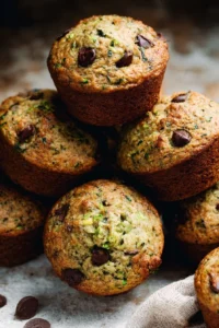 Chocolate chip zucchini muffins fresh out of the oven, topped with melting chocolate chips.