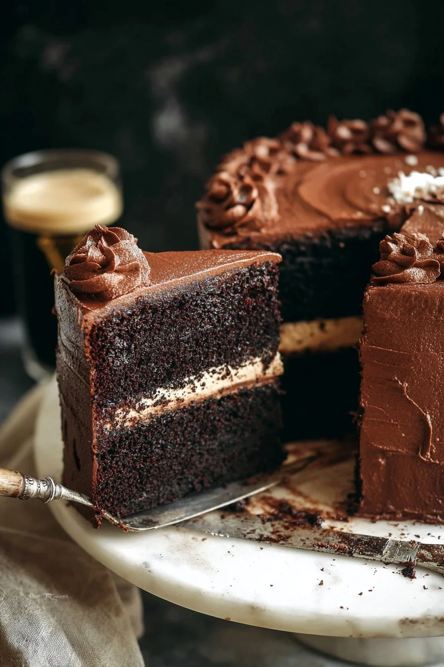 Moist Chocolate Guinness Cake topped with chocolate frosting on a rustic wooden table