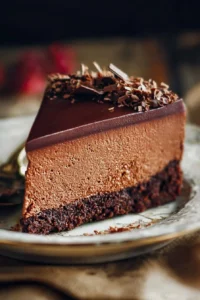 Delicious Chocolate Mousse Cake topped with chocolate shavings and fresh berries