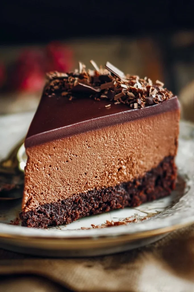 Delicious Chocolate Mousse Cake topped with chocolate shavings and fresh berries