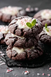 A plate of Chocolate Peppermint Crinkle Cookies dusted with powdered sugar.