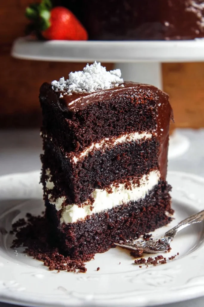Decadent Chocolate Tuxedo Cake with layers of chocolate mousse and cream.