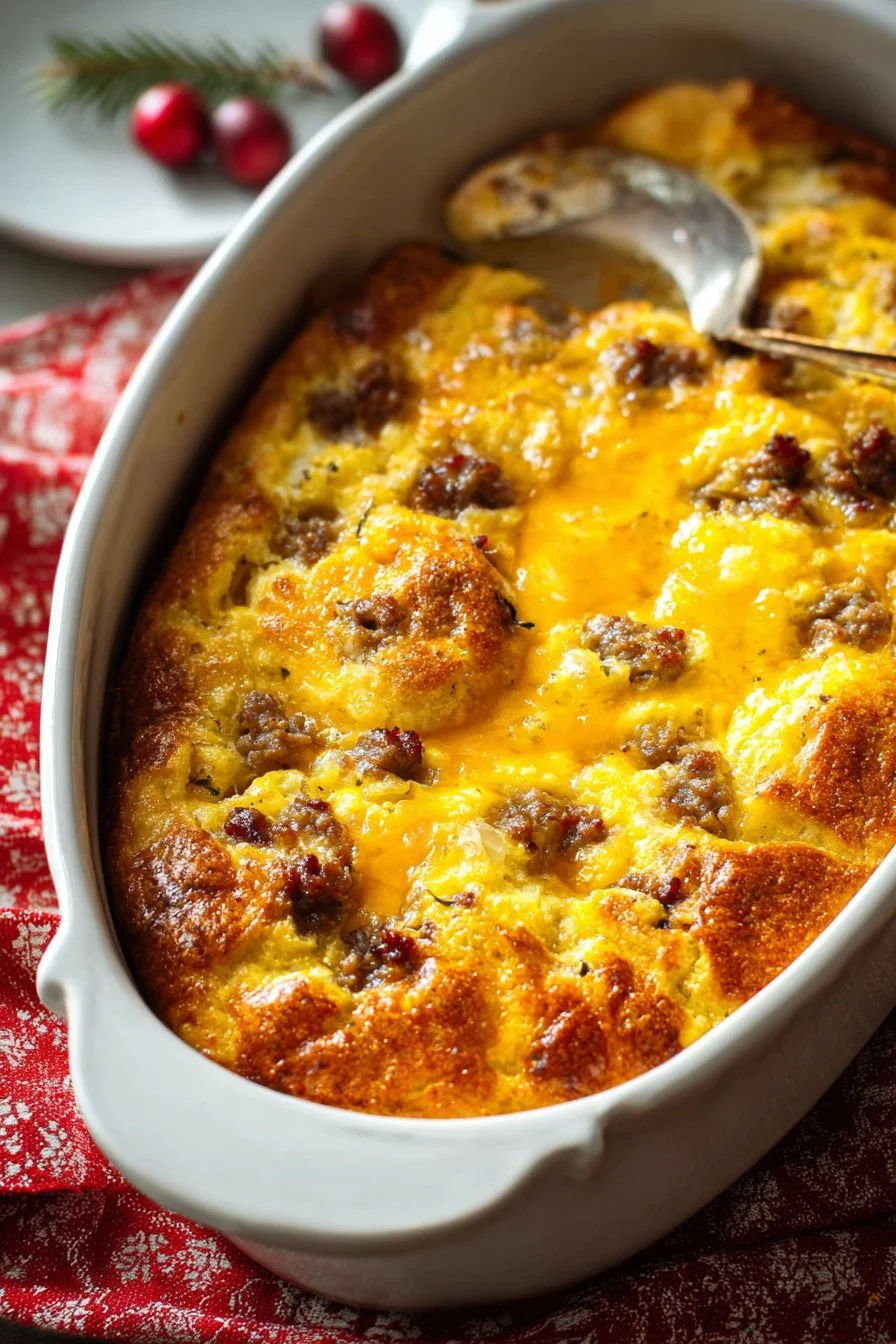 Delicious Christmas Morning Breakfast Casserole with eggs, cheese, and sausage