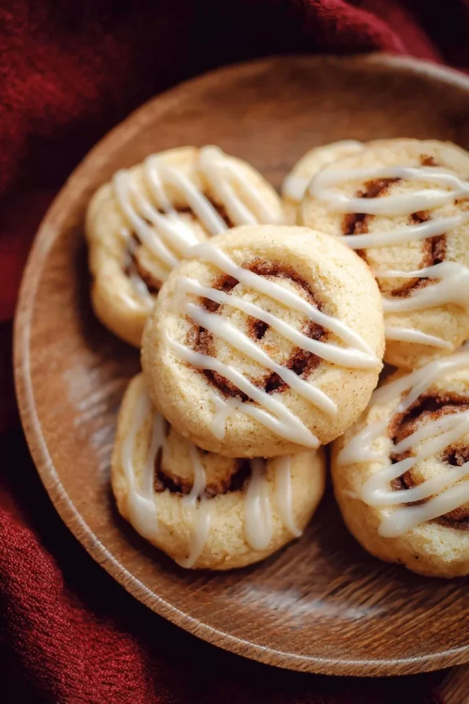 Freshly baked Cinnamon Roll Cookies with icing on top, served on a plate.