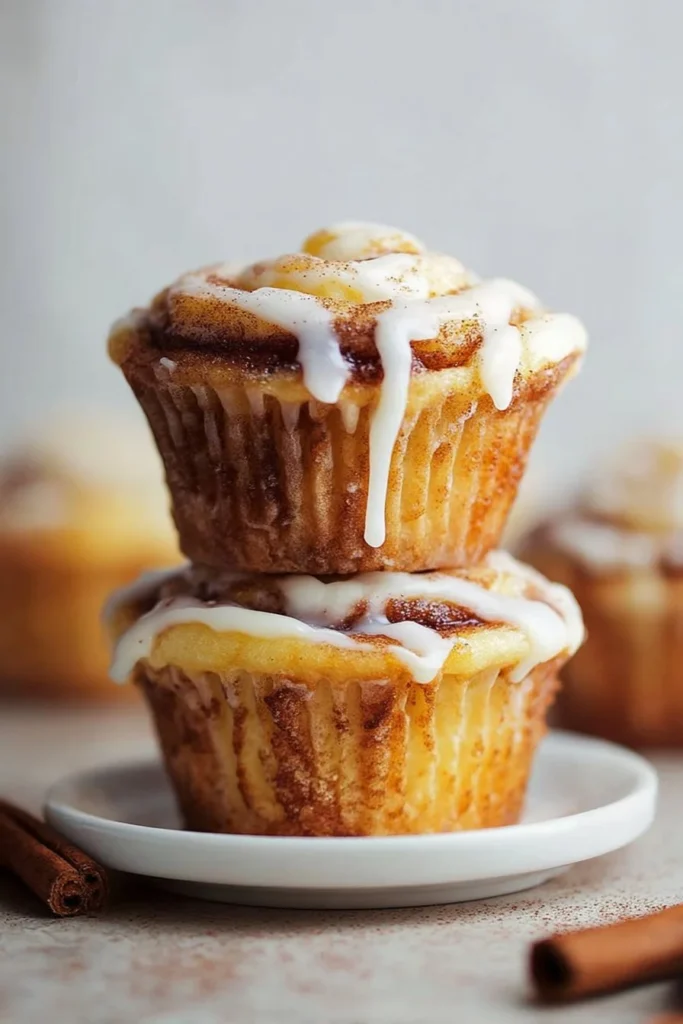 Delicious cinnamon roll cupcakes topped with cream cheese frosting and cinnamon swirls.
