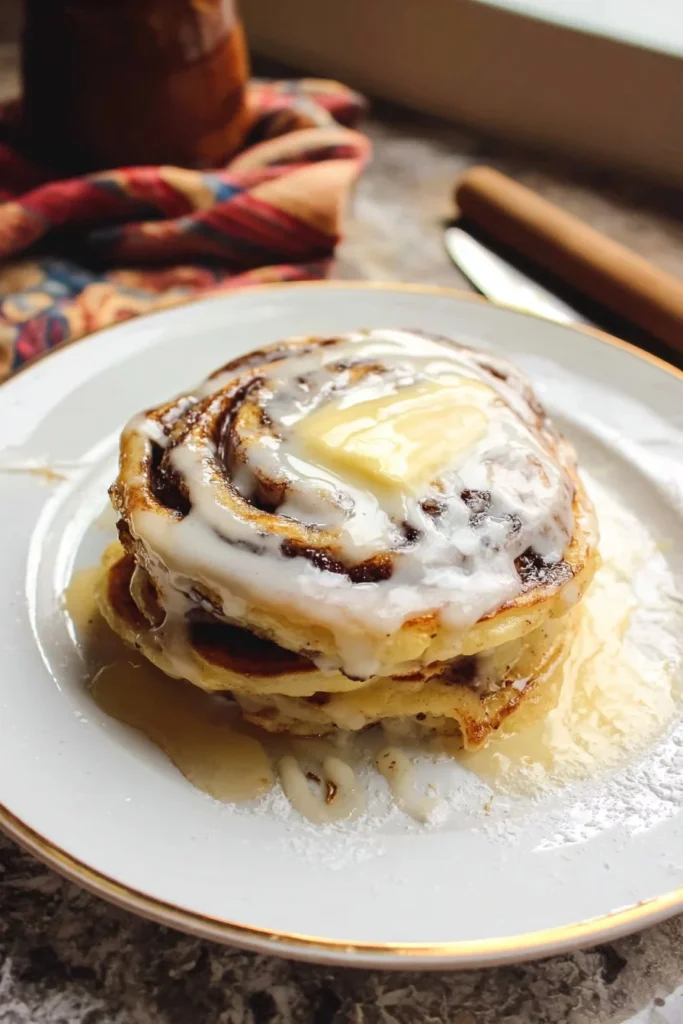 Delicious cinnamon roll pancakes topped with cream cheese icing and cinnamon