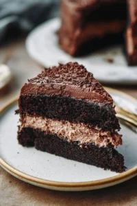 Delicious classic chocolate cake with rich frosting and chocolate shavings