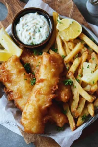 Plate of classic fish and chips with crispy fish fillet and golden fries
