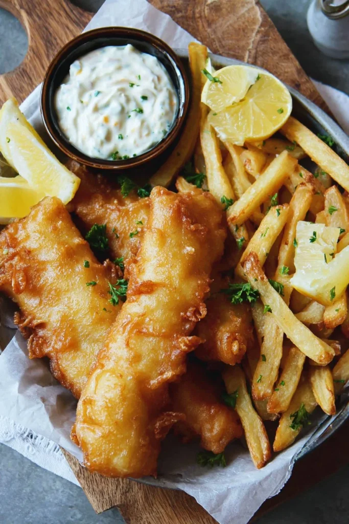 Plate of classic fish and chips with crispy fish fillet and golden fries