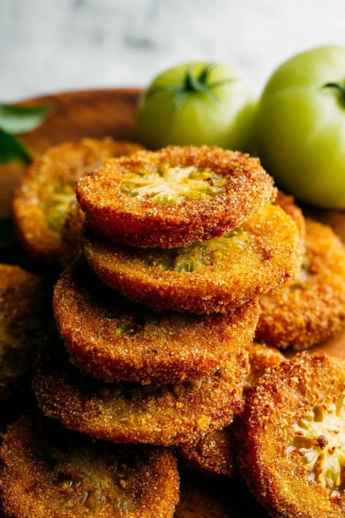 Plate of classic fried green tomatoes served with dipping sauce.
