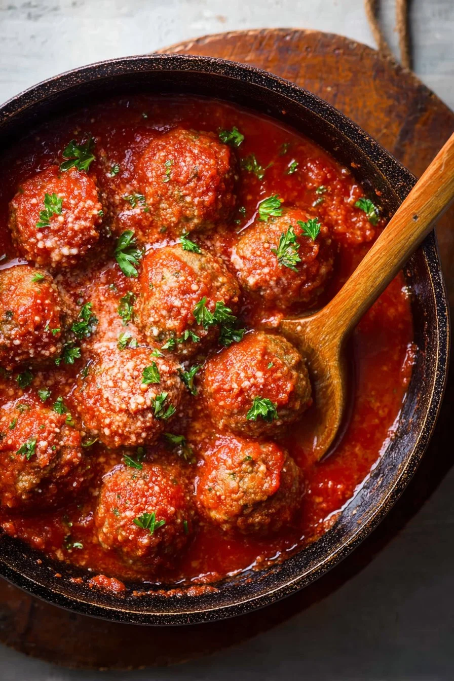 Plate of classic homemade meatballs with marinara sauce and fresh basil
