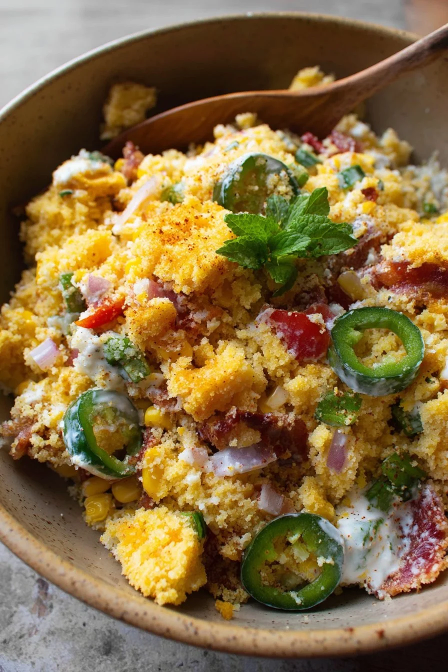Deliciously layered Cornbread Salad served in a bowl with fresh vegetables