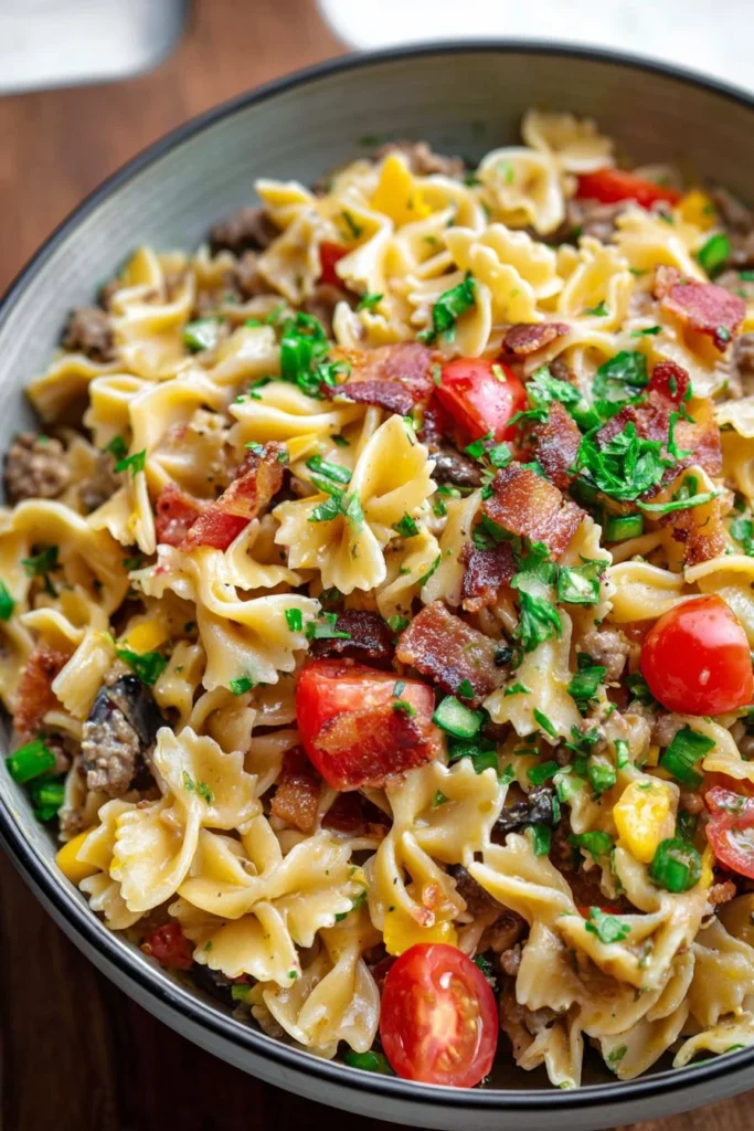 Delicious Cowboy Bacon Pasta Salad with crispy bacon and fresh ingredients