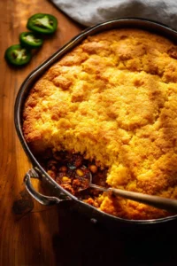 Delicious Cowboy Cornbread Casserole topped with cornbread and savory ingredients.