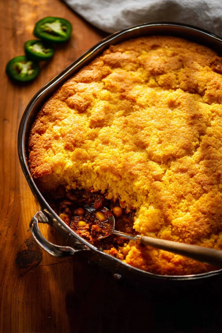 Delicious Cowboy Cornbread Casserole topped with cornbread and savory ingredients.