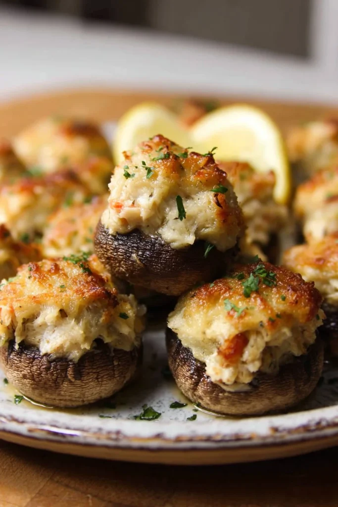 Delicious crab stuffed mushrooms, a perfect appetizer for any occasion.