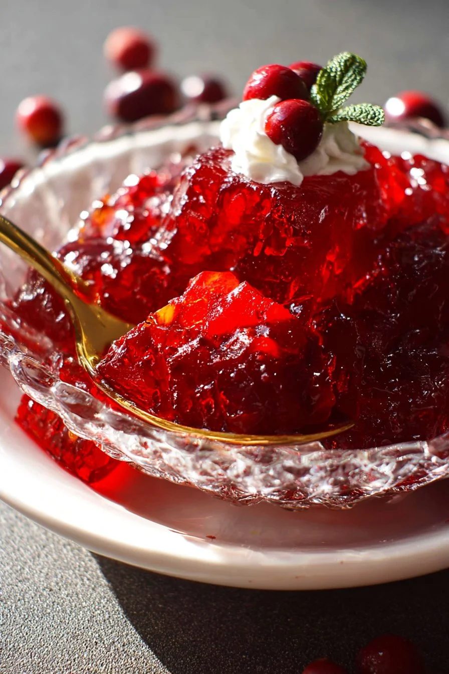 Delicious Cranberry Jello Salad served in a dish with garnishes