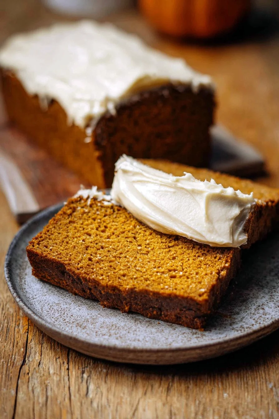 Cream cheese frosted pumpkin bread with autumn decorations on a table