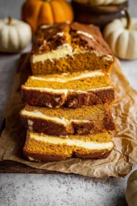 Cream Cheese Pumpkin Bread slice with cream cheese frosting on a plate