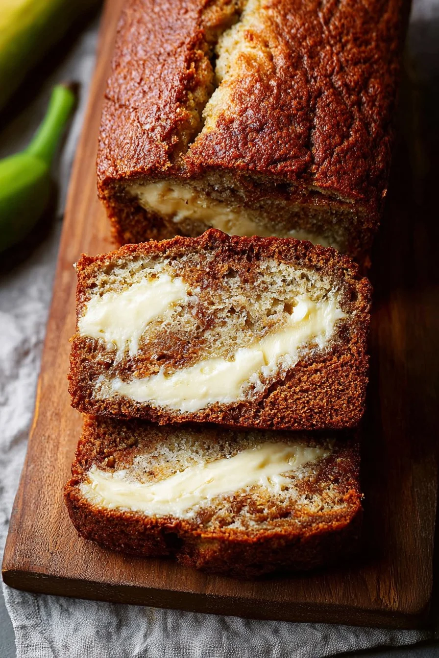 Delicious cream cheese swirled banana zucchini bread sliced on a wooden cutting board