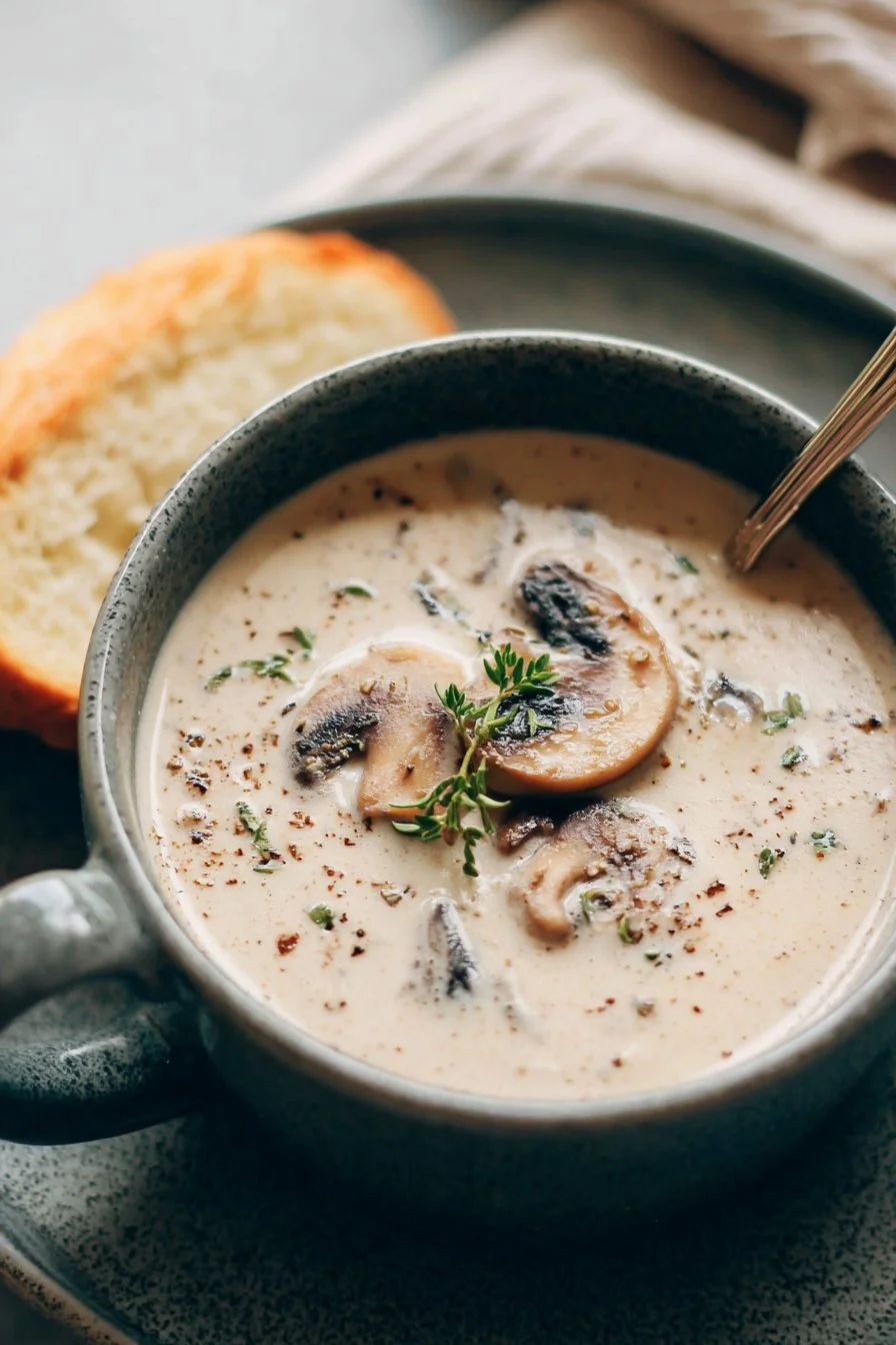 Bowl of creamy mushroom soup with herbs and croutons on a wooden table