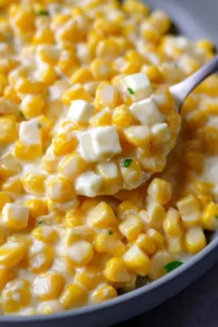 Delicious bowl of creamy corn with a buttery texture and garnished with herbs