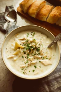 Bowl of creamy chicken alfredo soup garnished with herbs