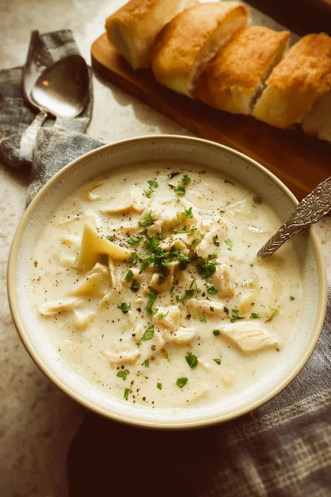 Creamy Chicken Alfredo Soup 1 Bowl of creamy chicken alfredo soup garnished with herbs