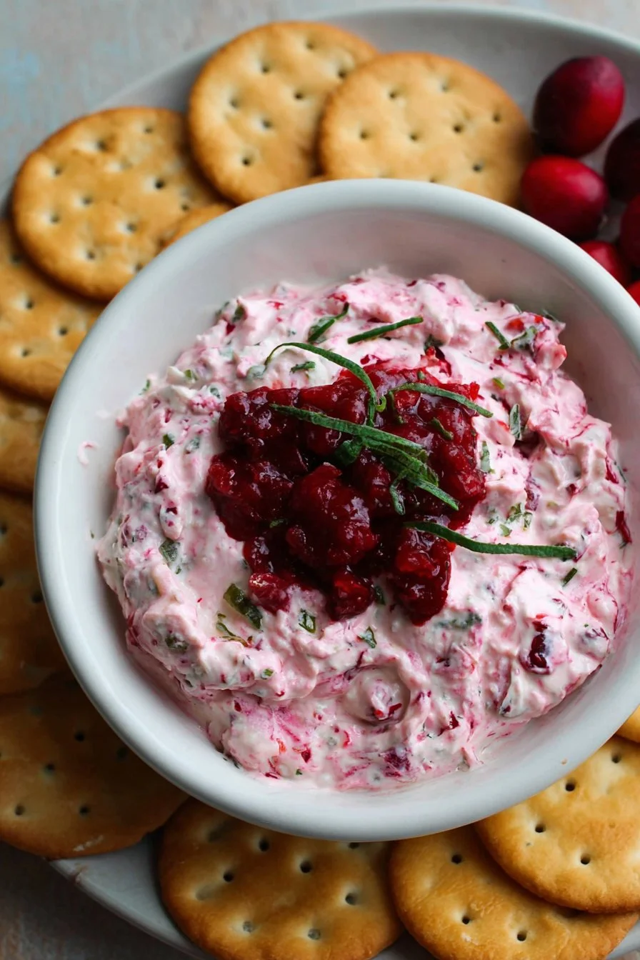 Creamy Cranberry Jalapeño Dip served in a bowl with chips on the side