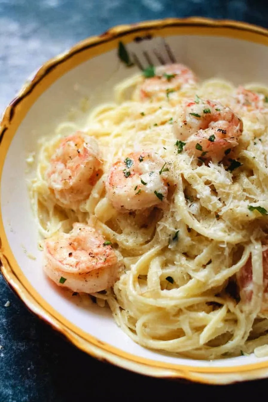 Creamy Garlic Shrimp Alfredo pasta served with garnished herbs.
