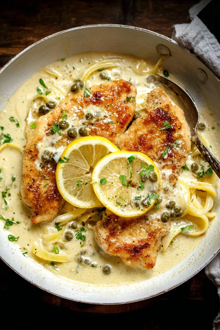 Creamy lemon chicken piccata served with fresh herbs and lemon slices