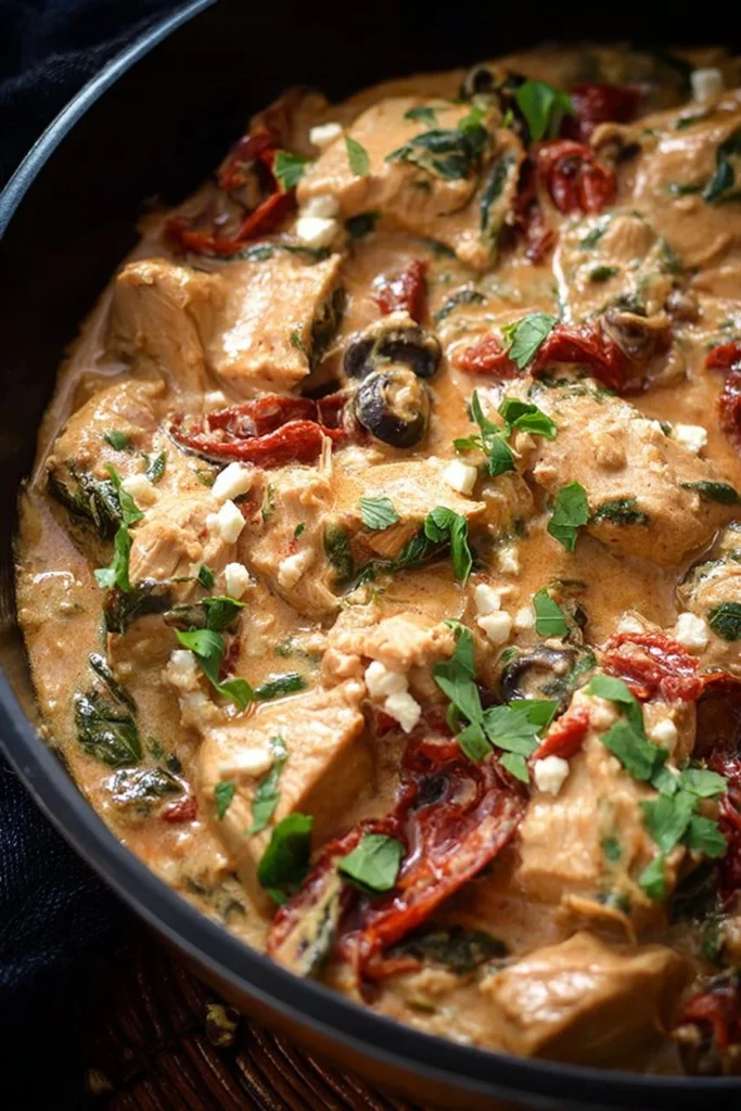 Creamy Mediterranean chicken dish garnished with herbs and vegetables