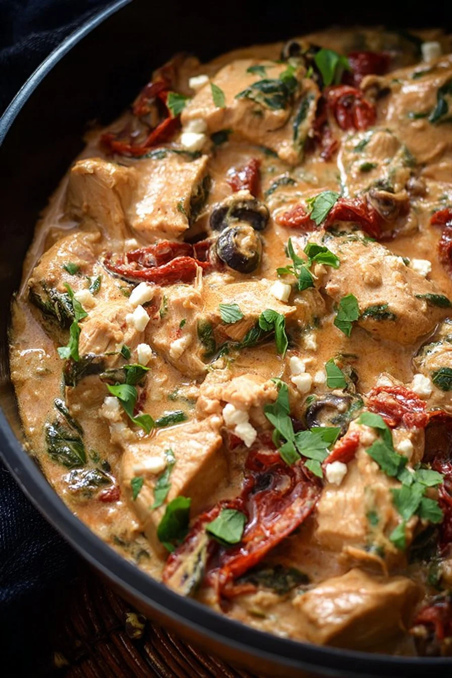 Creamy Mediterranean chicken dish garnished with herbs and vegetables
