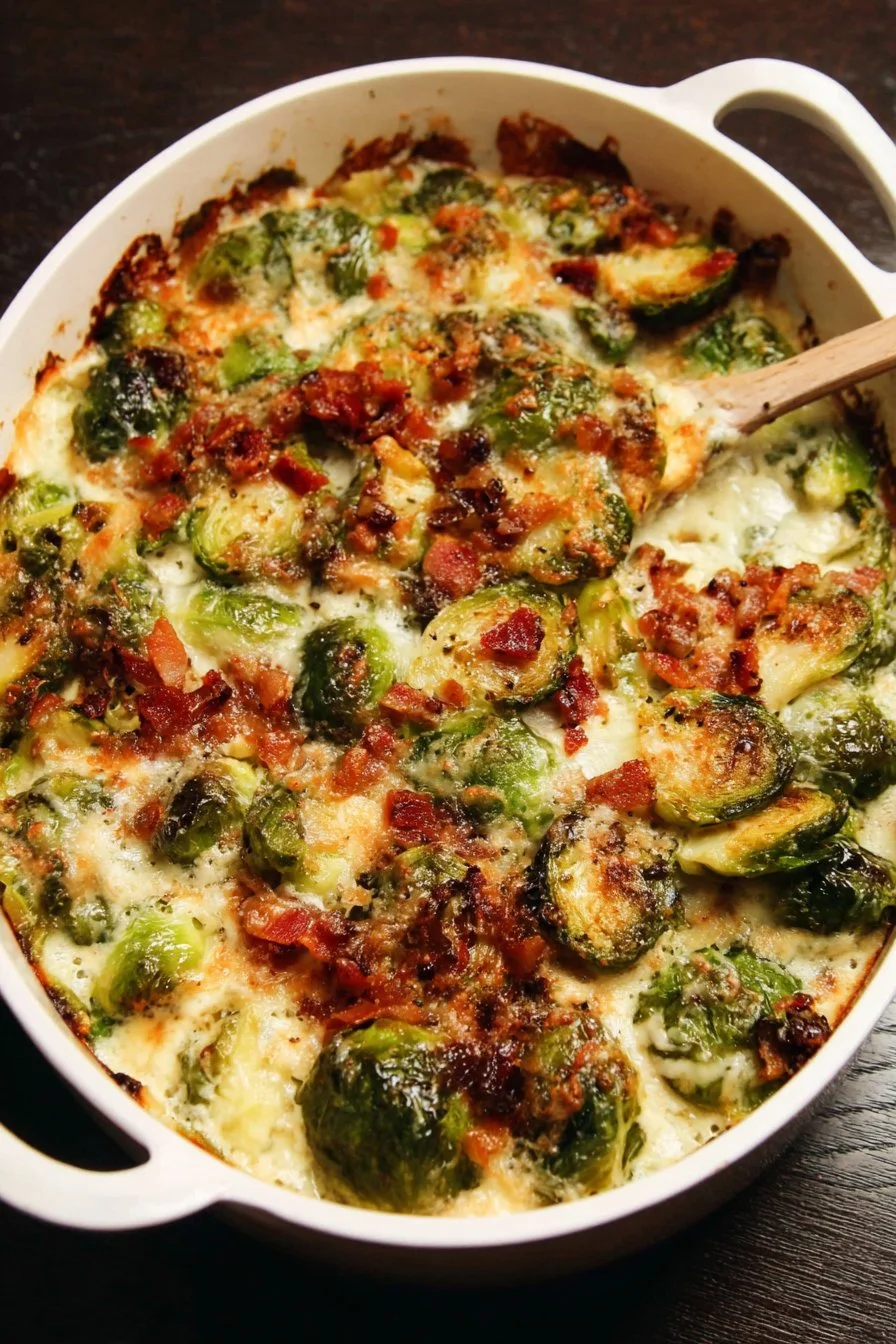 Creamy Parmesan Brussels sprouts gratin with crispy bacon in a baking dish