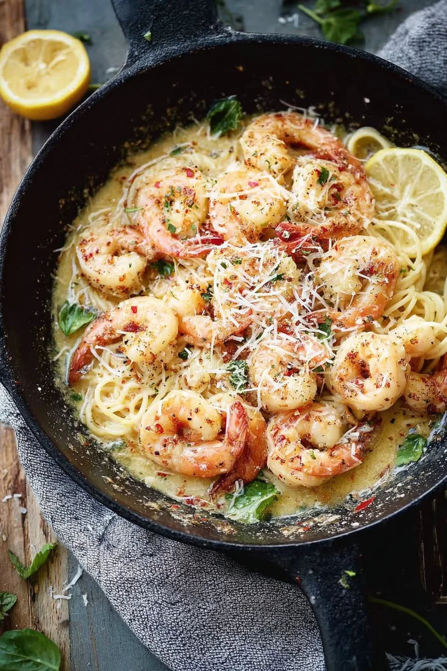 Creamy Parmesan Garlic Shrimp Pasta dish garnished with parsley