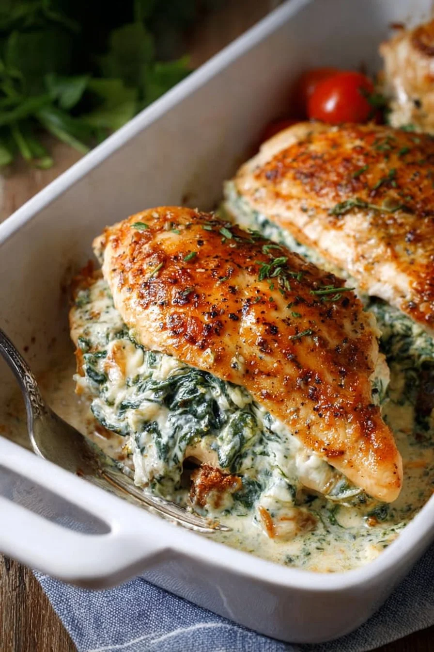 Creamy spinach stuffed chicken breast served with a side of vegetables