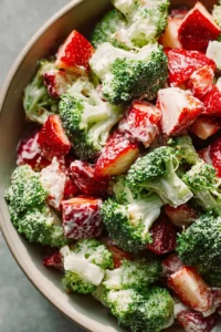 Creamy strawberry broccoli salad served in a bowl, garnished with fresh berries.