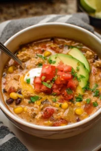 Delicious creamy taco soup served in a bowl with toppings