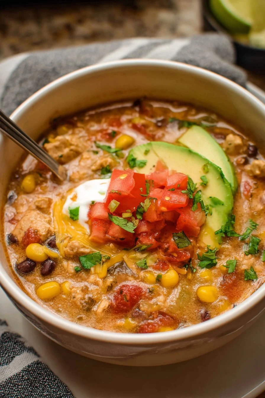 Delicious creamy taco soup served in a bowl with toppings
