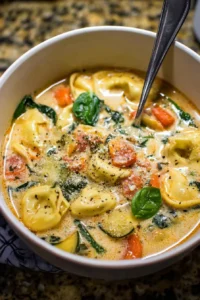 Bowl of creamy Vegetable Tortellini Soup with vegetables and tortellini.