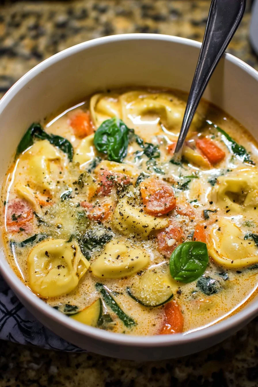 Bowl of creamy Vegetable Tortellini Soup with vegetables and tortellini.