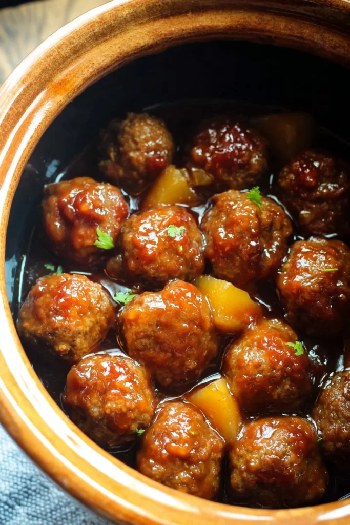 Delicious Crock Pot Huli Huli Meatballs served on a plate